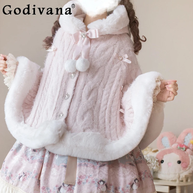 

Japanese Girls Sweet Lolita Knitted Hooded Cloak Autumn Winter Women's Cute Bow Plush Thickened Short Jacket Y2K Capes Ponchos