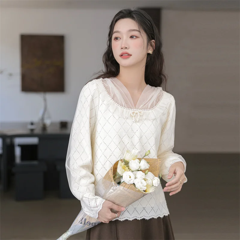 

Autumn New Arrival Blouse Women Lace V-neck Long Sleeve Solid Color Office Lady Tops French Style Casual Chiffon Shirts Feamle