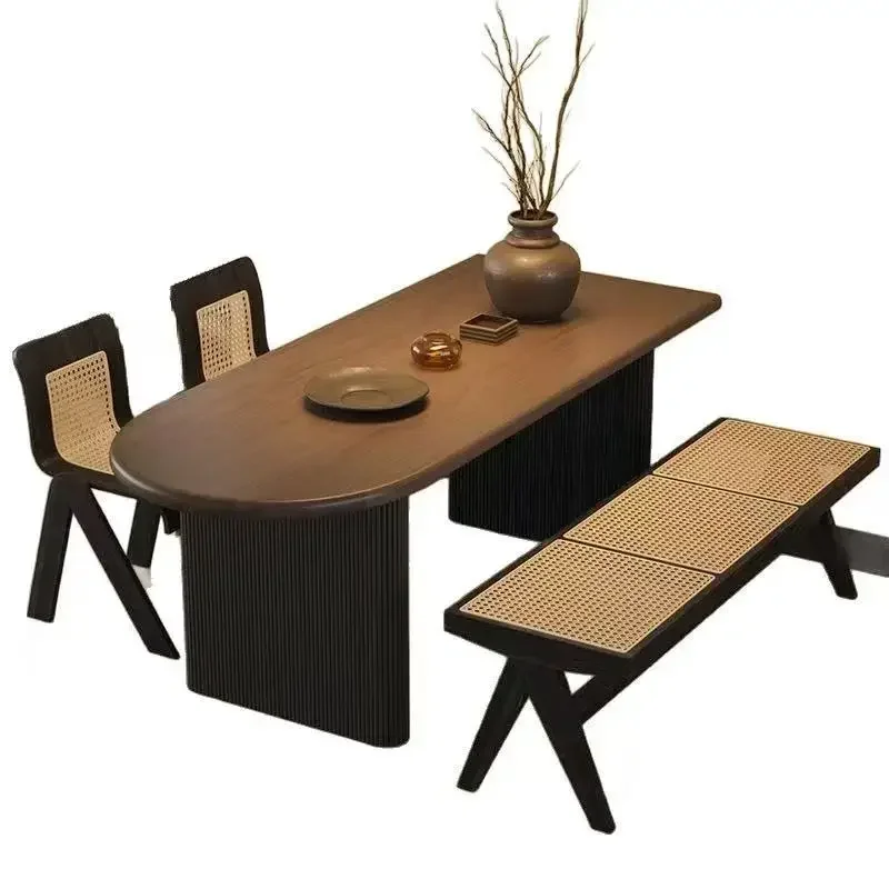 

French retro solid wood dining table and chair combination semi-circular arc integrated household small apartment against the
