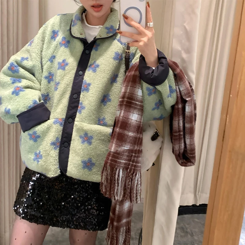 เสื้อโค้ทขนแกะลายดอกไม้ MEXZT สำหรับผู้หญิง สไตล์วินเทจ แขนยาว แจ็คเก็ตขนฟู ฤดูหนาว ฮาราจูกุ เกาหลี คิวท์คอร์ มีกระเป๋า เสื้อคลุมขนสัตว์ ใหม่