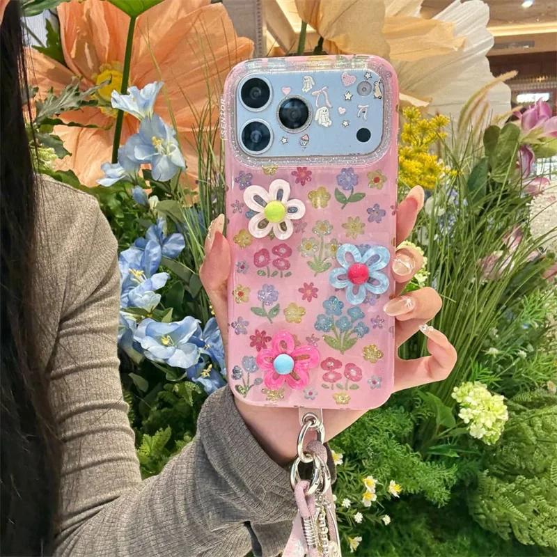 

Cute Cottagecore 3D Flower Phone Case For iPhone 15 16 17 Pro Max INS Aesthetic Pink With Wrist Strap Protective Cover