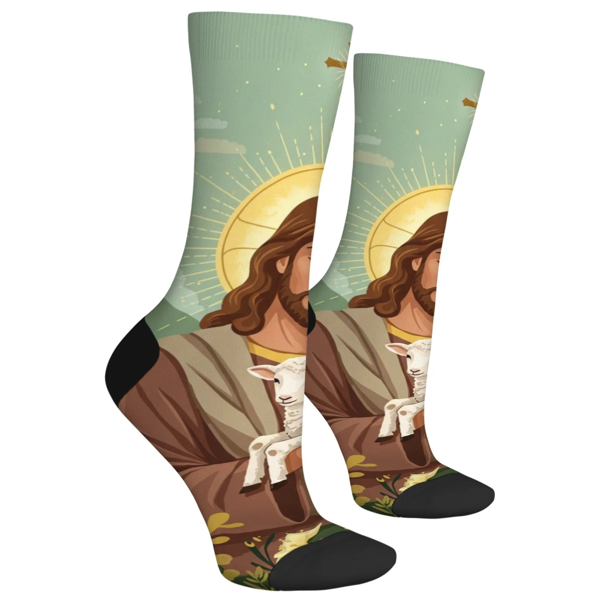 Cartoon Shepherd Jesus Men's Socks Harajuku Style Retro Fashion Casual Sports Socks Funny Hip Hop Happy Socks Novelty Party Gift