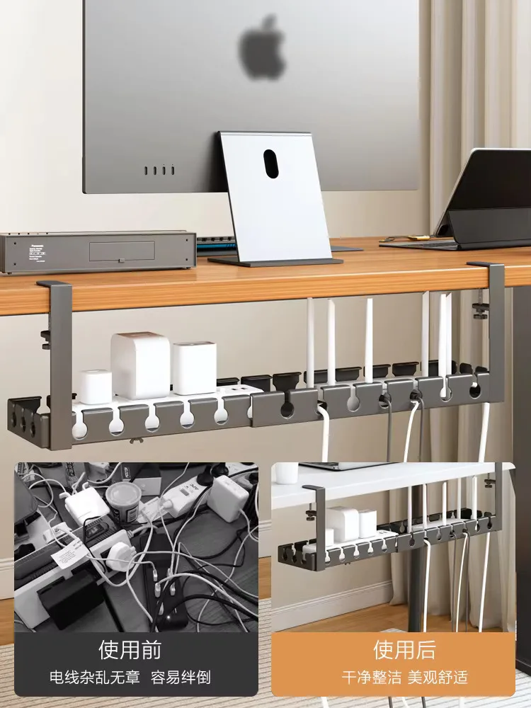 No Drill Under Desk Cable Management Tray,Sturdy Steel Under Desk Cord Hider Raceway,Retractable Power Strip Cord Holder