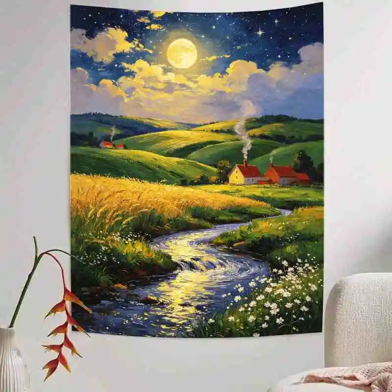 VIKAMA Farmhouse Tapestry Moonlight Landscape Wall Hanging Nature Scenery with River and Cottage for Bedroom Living Room Decor