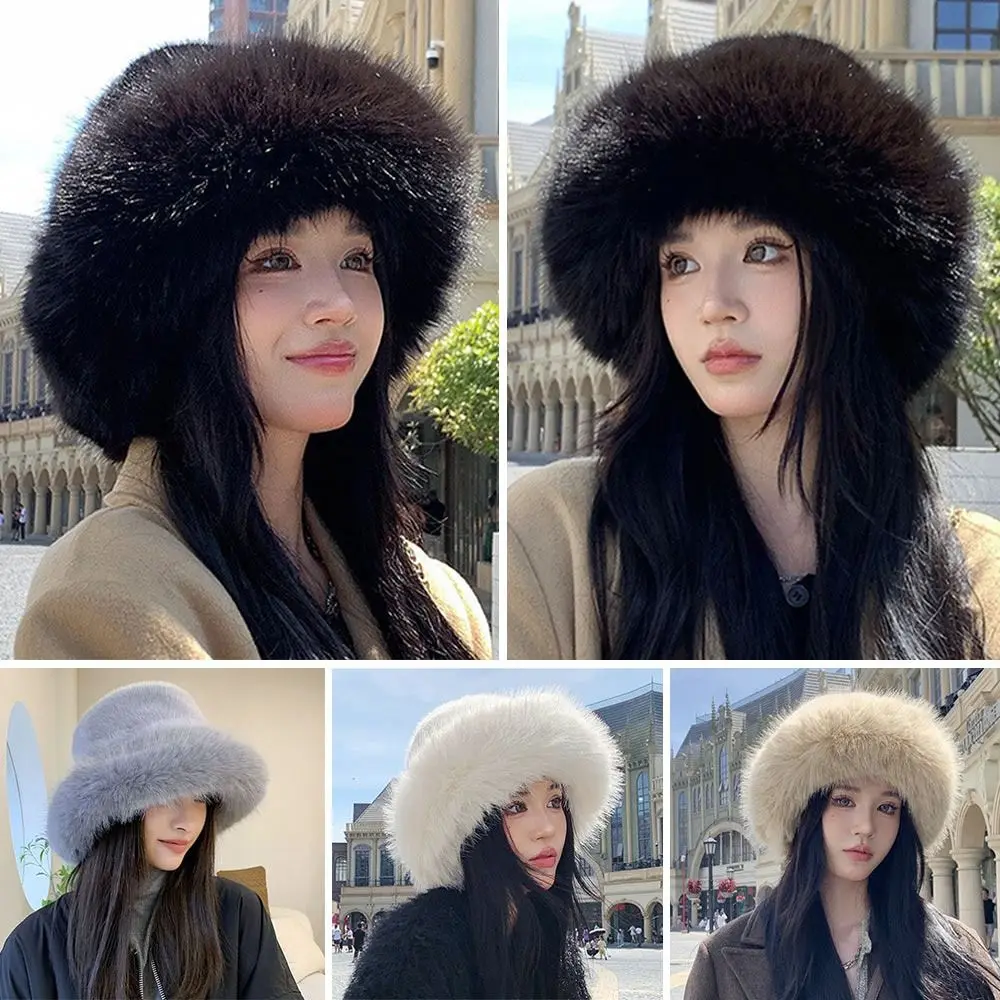 Winter Faux Fur Plush Bucket Hat Thick Warm Plus Velvet Fisherman Cap Fluffy Casual Panama Caps for Women