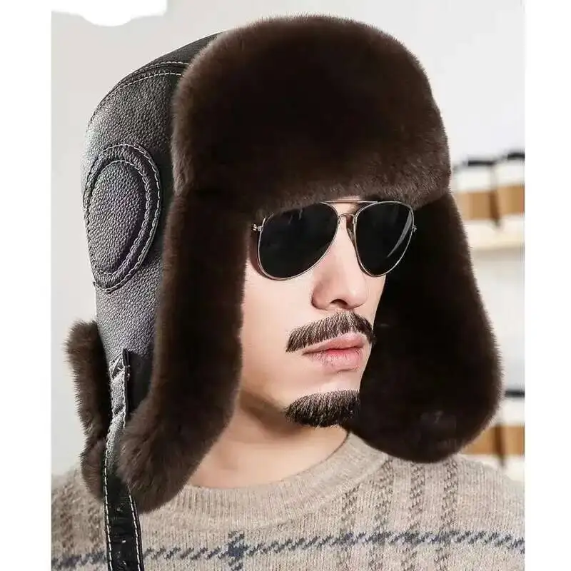 Pilot Hat For Men Winter Real Rex Rabbit Fur Bomber Hat Furry Outdoor Riding Cap With Ear Protection Real Fur Hat Snow Cap