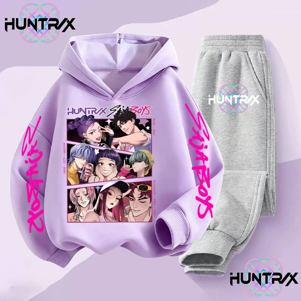 مجموعة Hunter Tide Anime Print للأطفال للخريف/الشتاء غير رسمية مكونة من قطعتين: سويت شيرت بقلنسوة + بنطال رياضي (العمر 2-13)