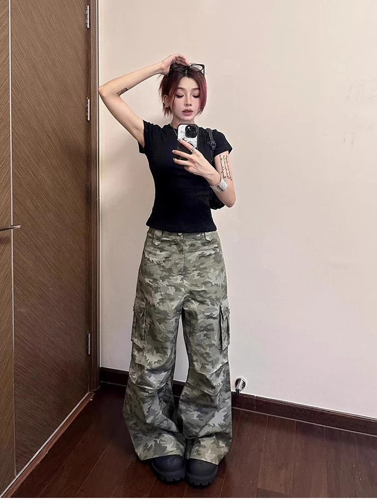 Women's Light Colored Camouflage Thin Pants Cool Girl Street Fashion Bottoms Female High Waist Wide-leg Cargo Trousers