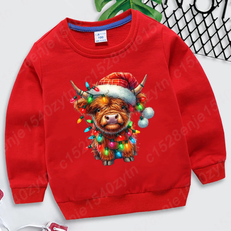 

Christmas Light Cow Print Pullovers Kids Boys Girls Autumn And Winter Round Neck Sweatshirt Children Hoodless Pullover Plus Size