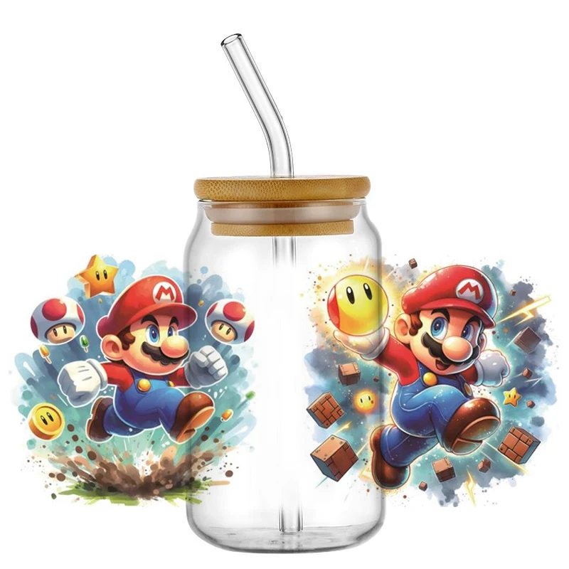 Miniso Mario Cartoon Game Pattern UV DTF Transfer Sticker Waterproof Transfers Decals For 16oz Glass Cup Wrap Stickers