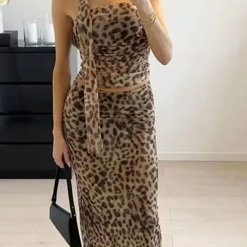 Women's tulle leopard print top shoulder straight neck and l...