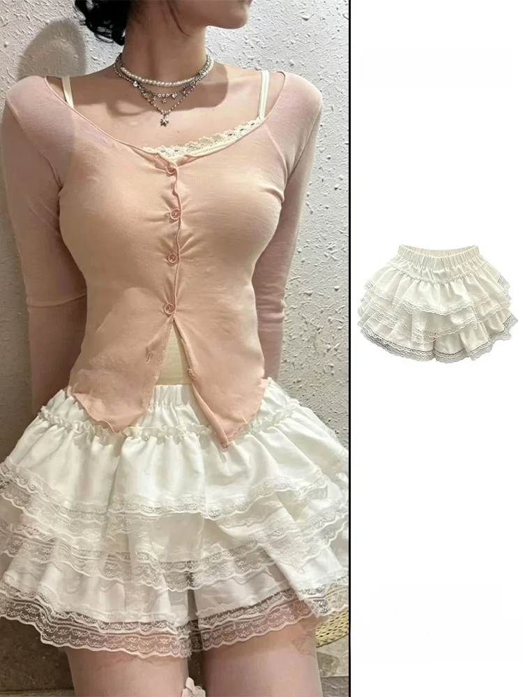 Sweet Ballet Style White Cake Skirt Women Early Autumn Spicy Girl Lace Trim Puffy A-Line  Skirt Casual High Waist Baking ...