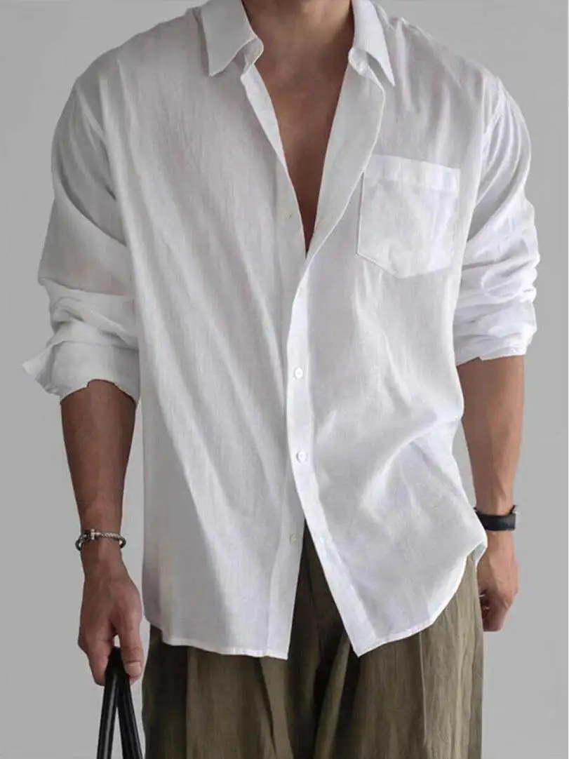 

Men's Cotton Linen Shirt Thin Breathable Loose Long Sleeve Sun Protection Open Cardigan Turn-down Collar Linen Workwear Shirt...