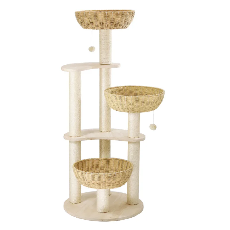 EcoMeows 136 cm-Rattan Natural Condo-Large Cat Play Furniture-Modern  Tree-Climber Post Perch-Lounger Bed