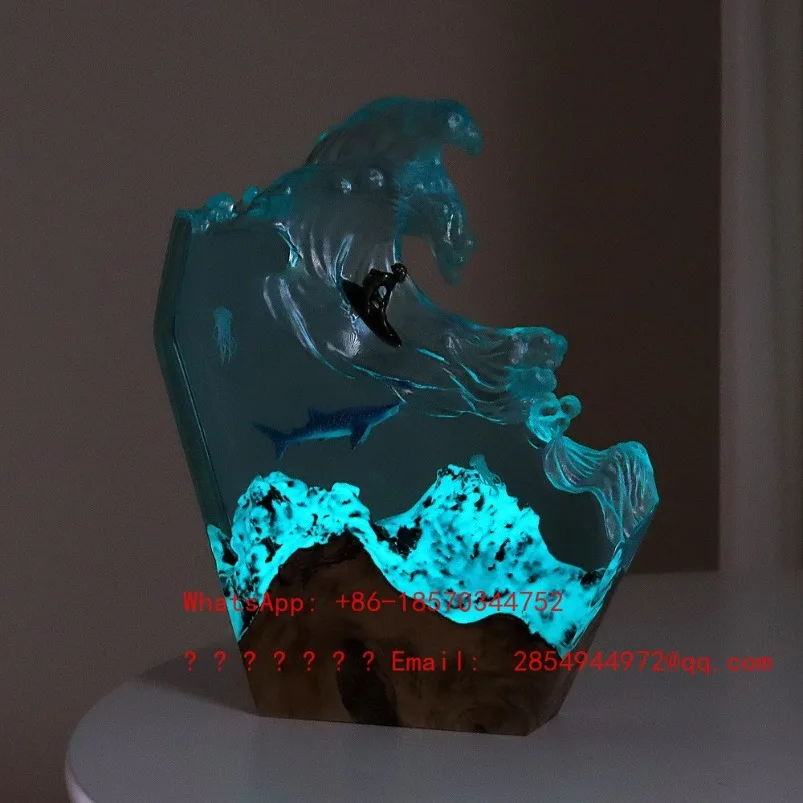 Waves, Whales, Jellyfish, Ocean Surfing Resin Handicrafts, Office Desktop Solid Wood Night Light Ornament