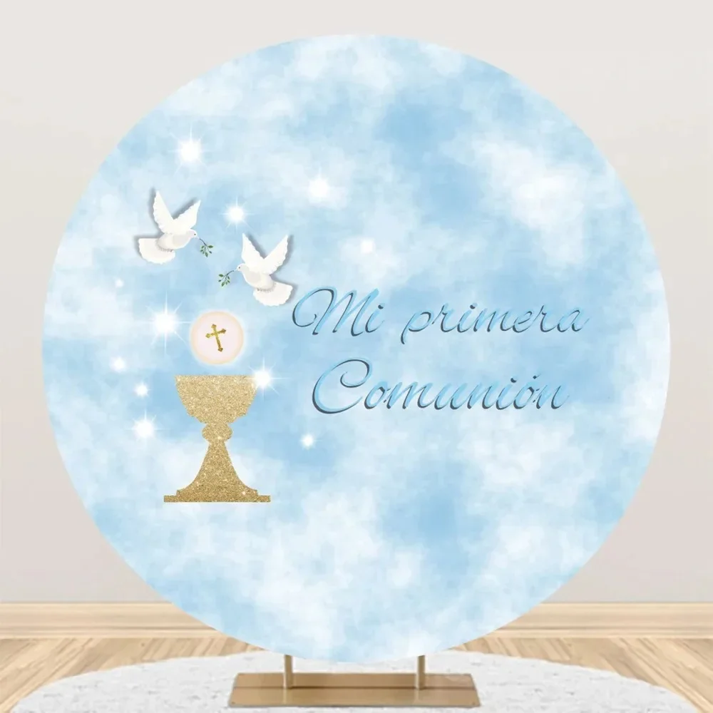 Tableclothsfactory First Holy Communion Round Backdrop Baptism Boy Girl Cross God Bless Grail Circle Cover Party Decorations