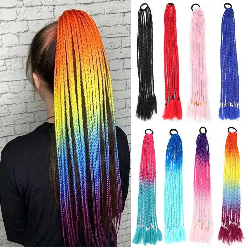 

24Inch Y2K Rainbow Horsetail Wig Long Boxing Braid Hair Ponytail Extension High Temperature Fiber Hairpiece for Women