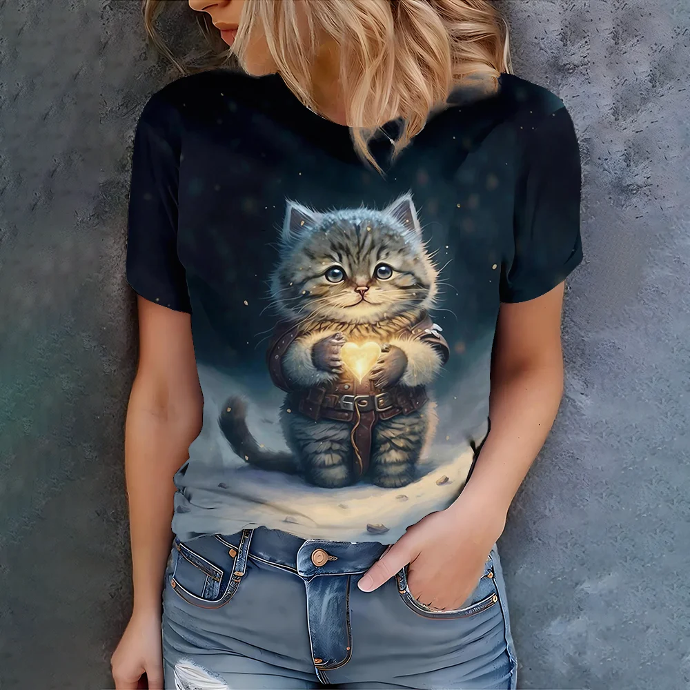 

Dreamy fairy tale style cute cat holding heart pattern printed daily casual fashion women's short sleeved T-shirt