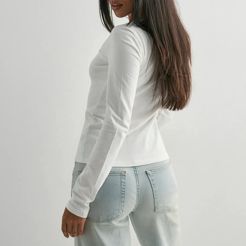 Combhasaki المرأة شيك أنيق كم طويل تي شيرت بلون ساحة الرقبة القوس ديكور انقطاع الجبهة سليم تي شيرت مجسم الشارع الشهير #5