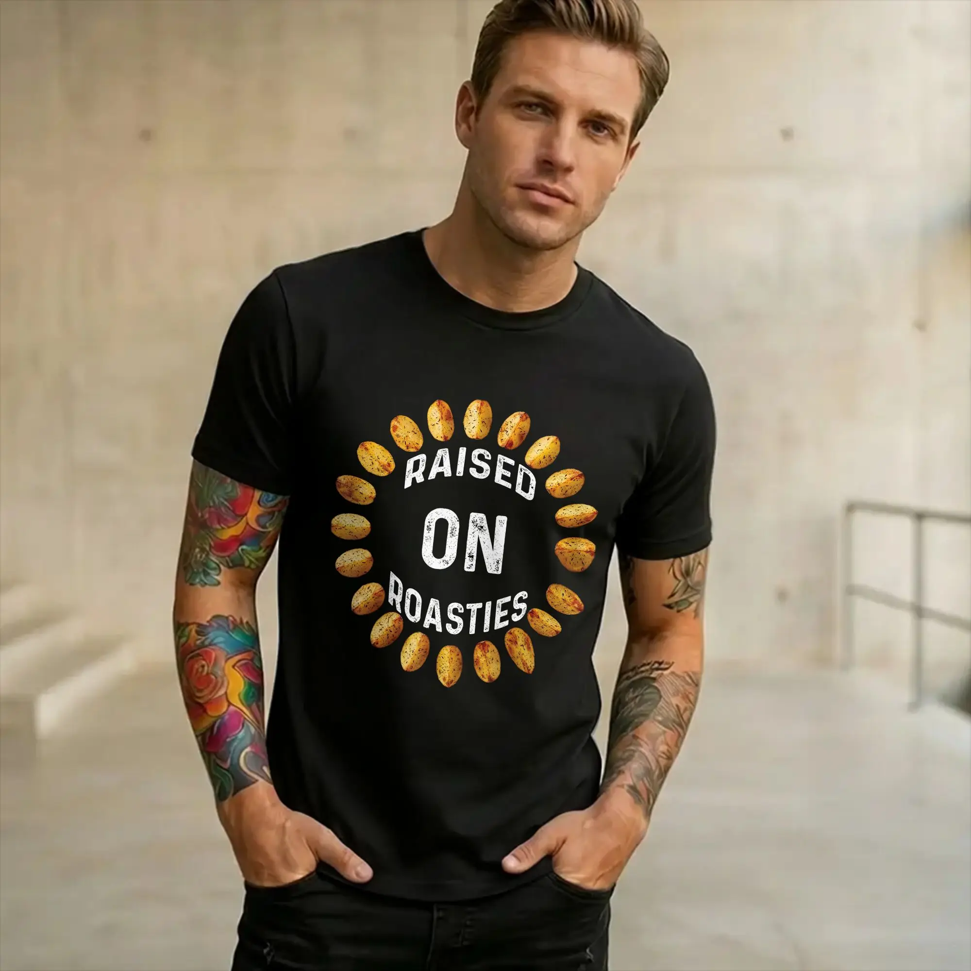 Graphic Printing Raised On Roasties Rustic Potato Wreath  T Shirt for Men Women  Pure Cotton Tee Shirt Short Sleeve Tops