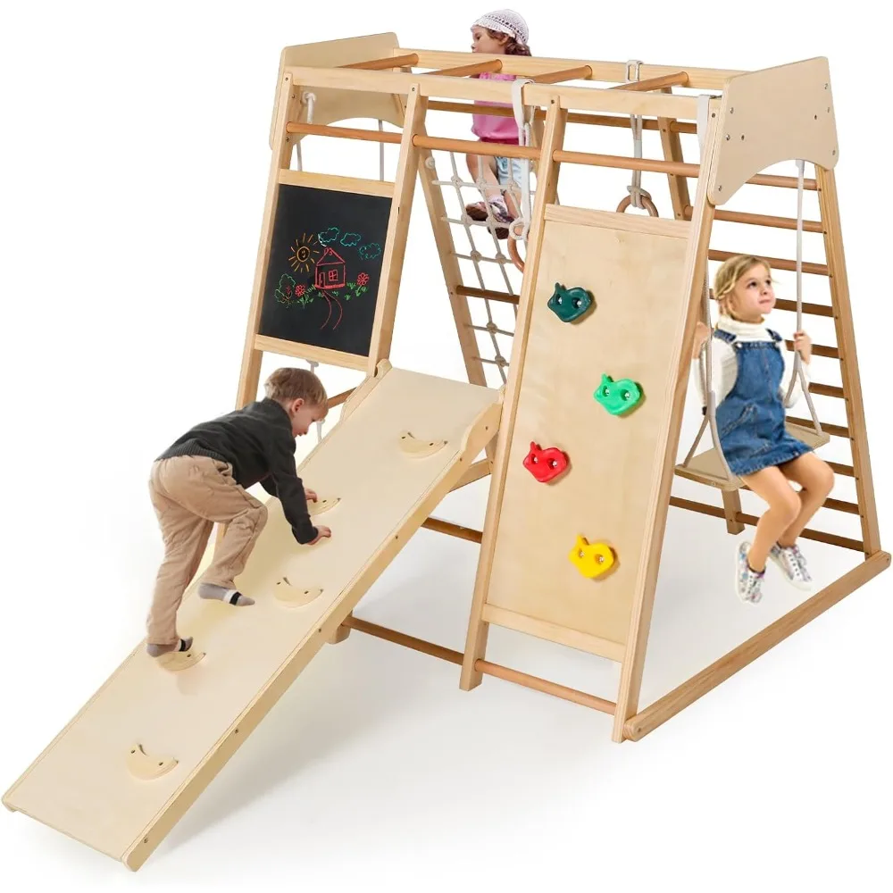 10-in-1 Kids Wooden Climbing Toys, Toddler Jungle Gym w/Drawing Board, Slide, Climbing Rock & Net, Ladder