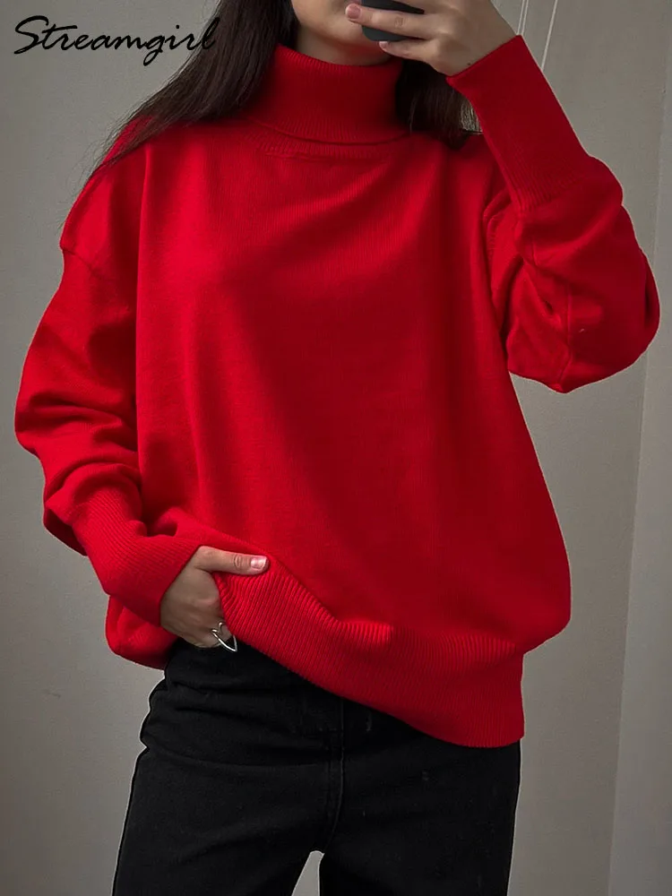 Basic Red Turtleneck Sweater Women Trends 2024 Winter Pullovers Oversize Sweater Woman Jumper Women\'s Turtleenck Sweaters Coffee