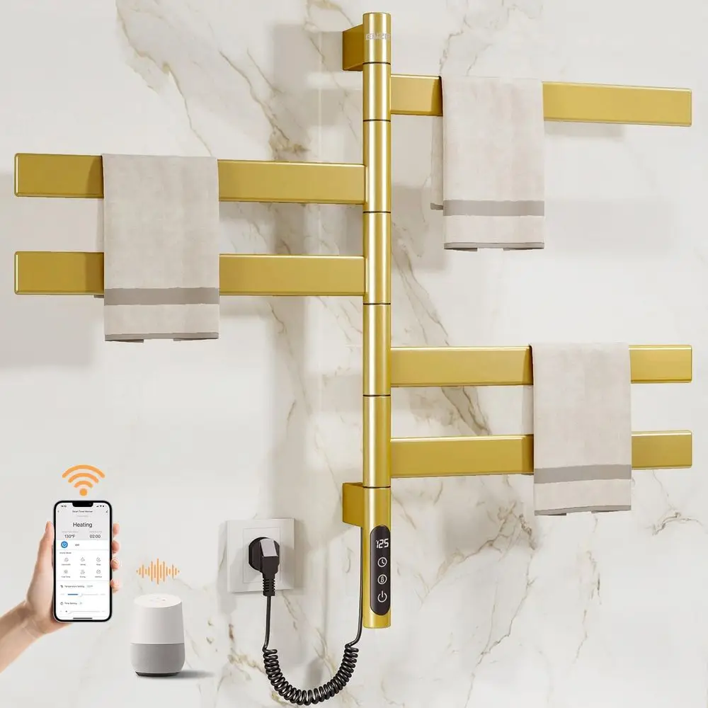 

Электрическая сушилка для полотенец с 5 перекладинами, Wi-Fi управление через приложение, 24-часовой таймер, нержавеющая сталь, IPX5, проводное подключение, золотой цвет