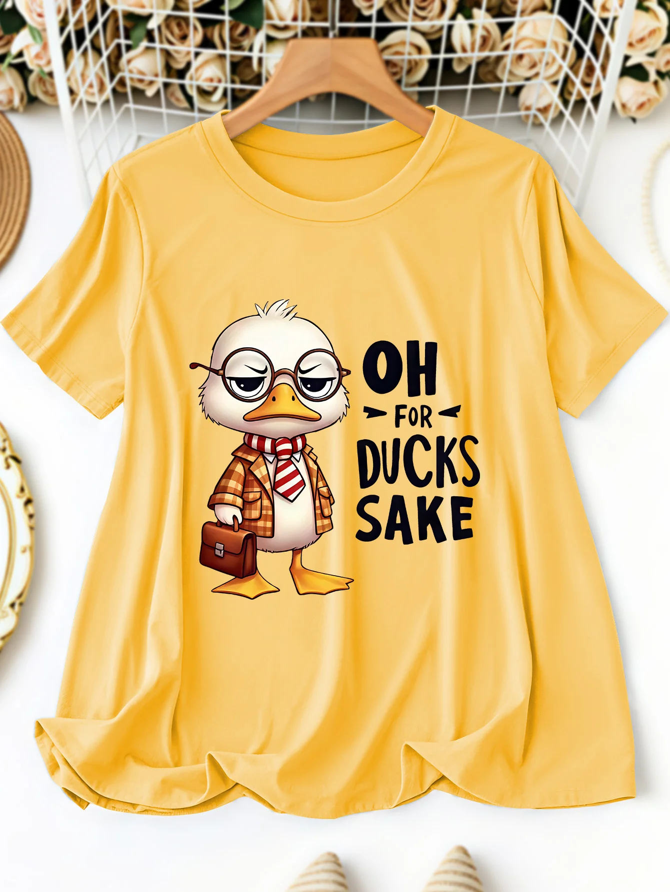 Briefcase Business White Duck OH FOR DUS SAKE Homophonic Text Printed Round Neck T-shirt Casual Daily Soft and Comfortable Top
