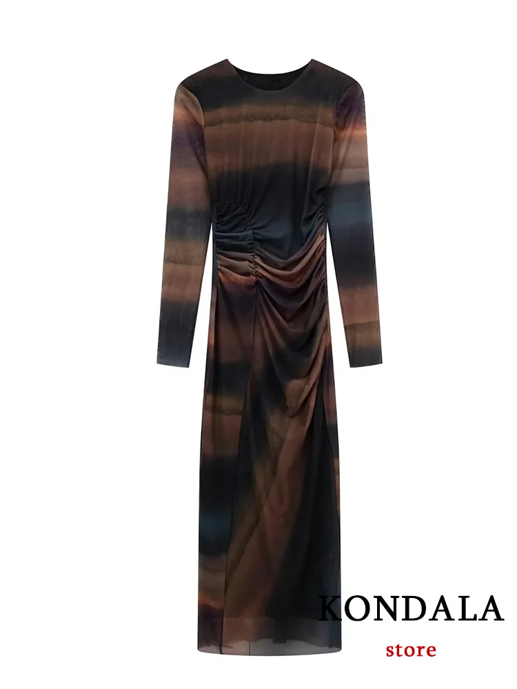 

KONDALA Vintage Mesh Strentch Women Dress Printing Long Sleeve O-Neck Folds Long Slim Vestidos Fashion 2022 Autumn Vestidos