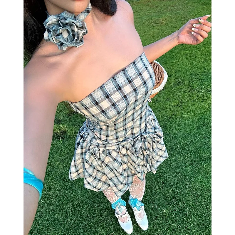 

Woman Mini Dresses Y2k Sleeveless Flowers Elegant Off Shoulder Plaid Printing Off Shoulder Tank Dress Sweet Girls Fit Vestidos