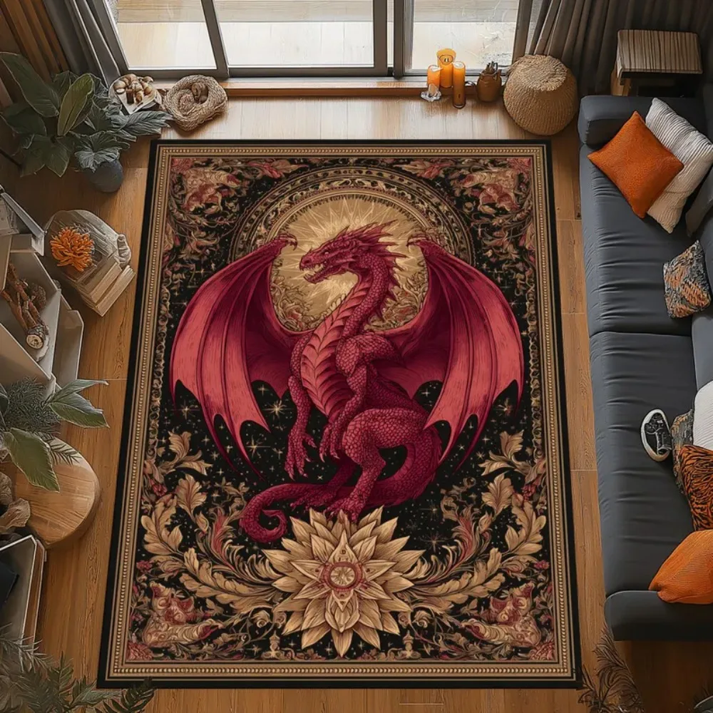 Mythical Griffin Battle Rug Vintage Style Carpet,Vintage Gothic Dragon Rug Mythical Creature Pattern Rug for Living Room Bedroom