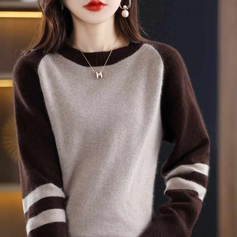 Cashmere sweater women's color blocked round neck sweater loose base versatile autumn and winter new 100 wool knitted sweater