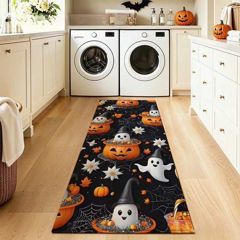 Pumpkin Witch‑hat Ghost Web Print Long Runner Rug, Soft Wear‑resistant Household Floor Mat, Cute Halloween‑themed Decor Carpet