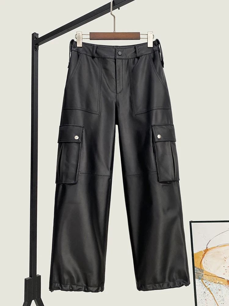 Winter New High Quality Genuine Real Leather Sheepskin Pants Women's Fashionable All-Match Waist Tooling Baggy Straight Trousers