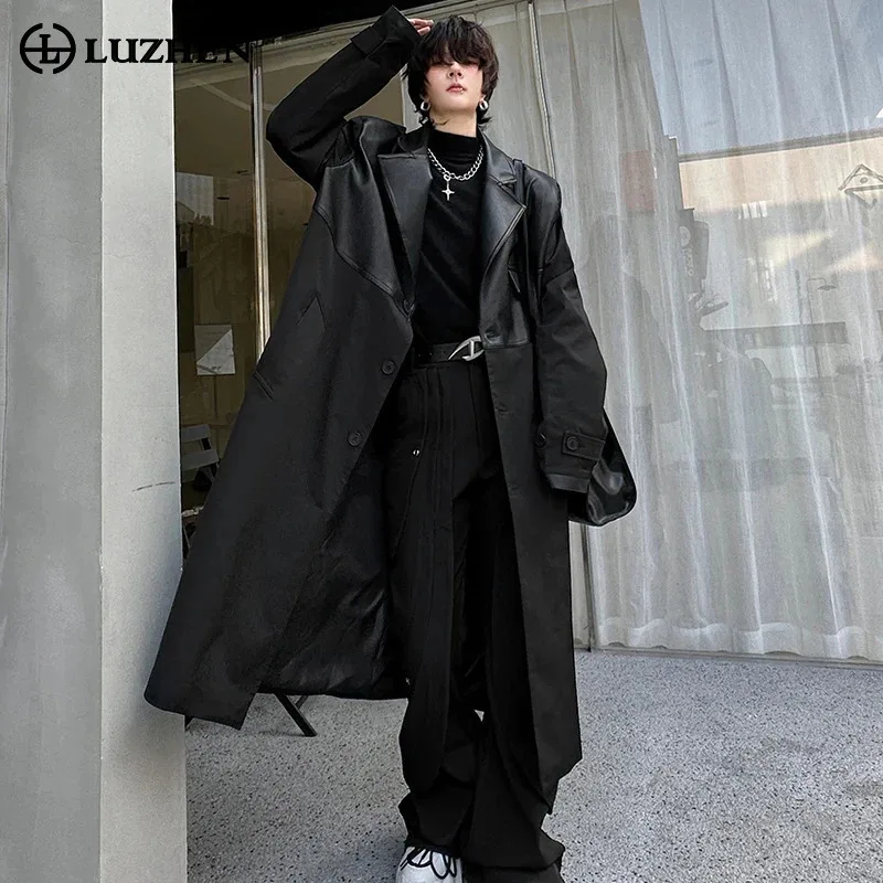 LUZHEN Korean Leather Splicing Long Trench Coat Men\'s Trendy Loose Knee Length Stylish Outwear Male 2024 Autumn Winter LZ5199