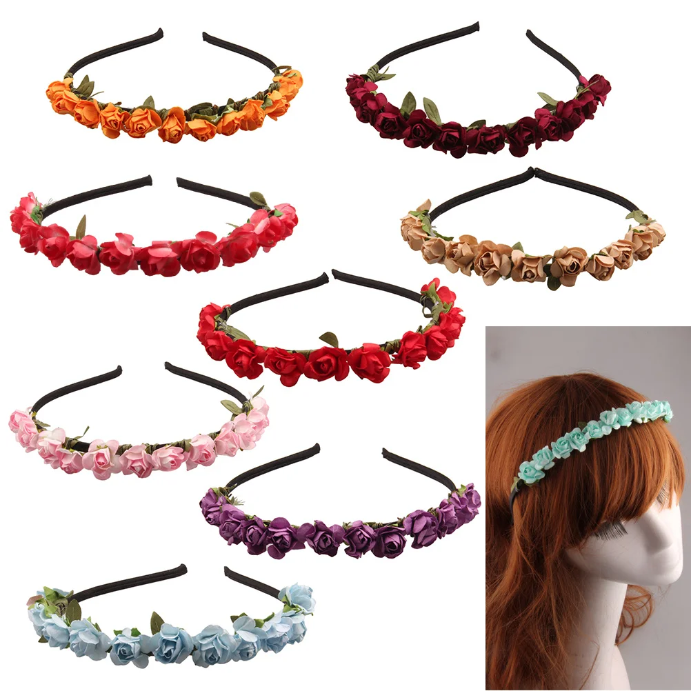 

8Pcs Rose Flowers Headband Floral Garland Women Headdress Bridal Hair Accessory Blending Color Comfortable Adjustable