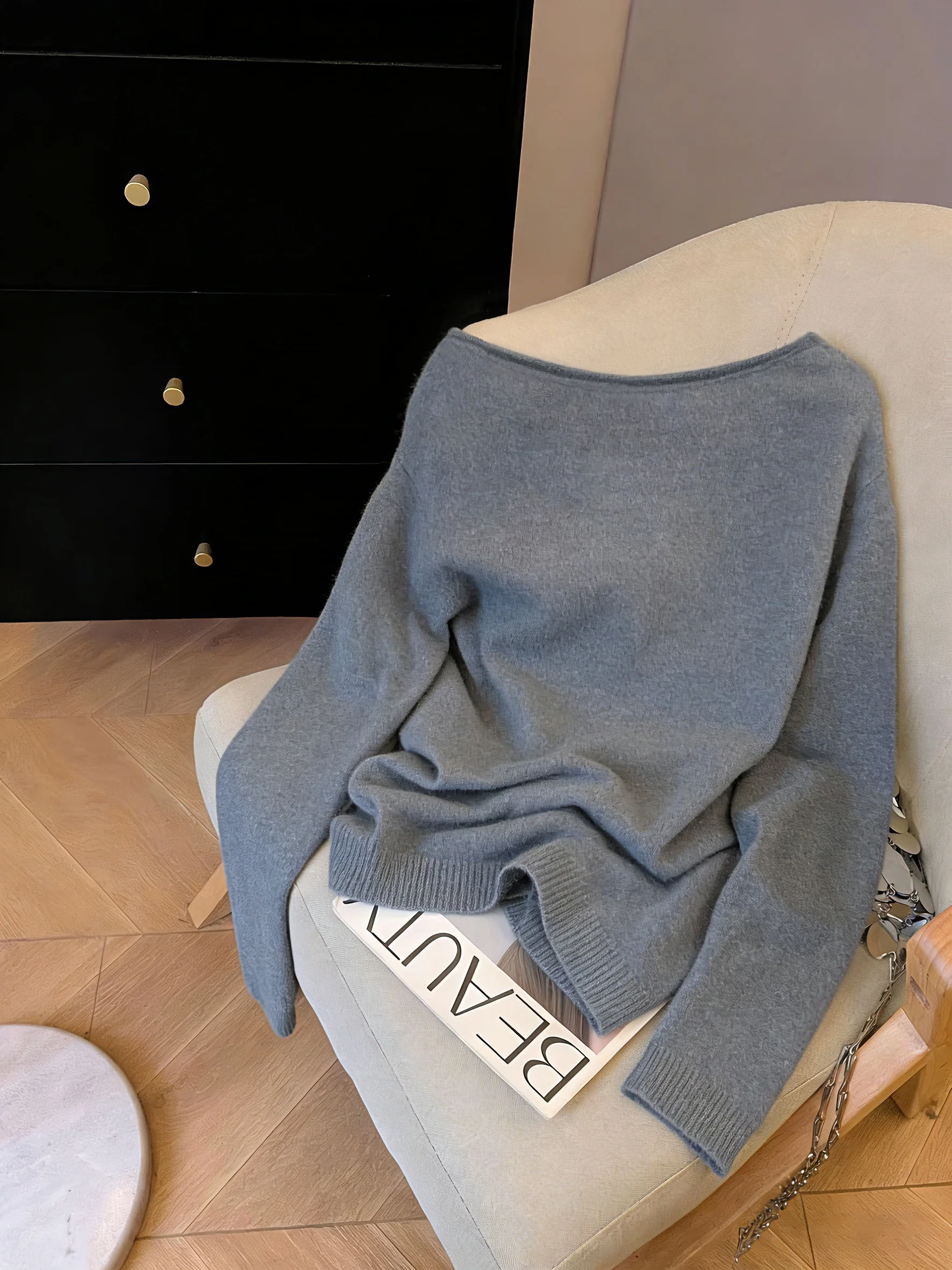 

Loose Long Sve Knitted Sweater Women's Spring Design Casual Sle Polyester Fiber Soft Comfortable oulder Bared Top