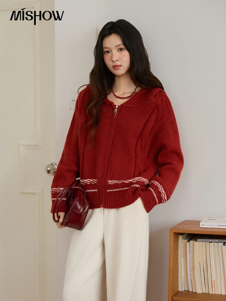 

MISHOW Рождественский красный свитер в стиле ретро, осень-зима 2022, кардиган на молнии с капюшоном и контрастными цветами в полоску, женская одежда MXE51Z2697