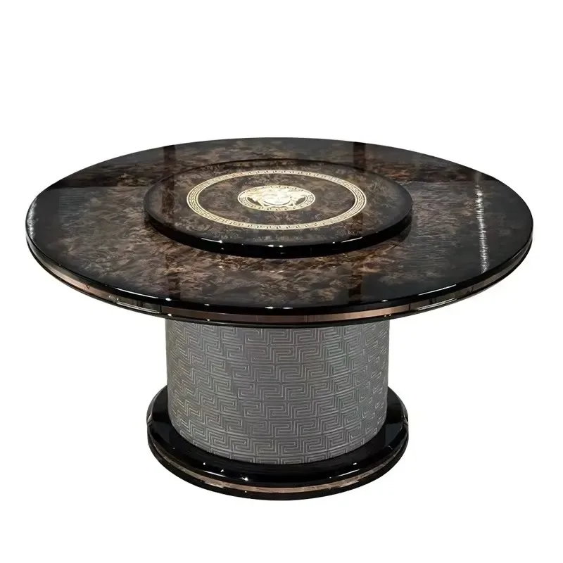 Luxury Round Solid Wood Dining Table Set with Turntable Villa Mansion Dining Table and Chair Combination