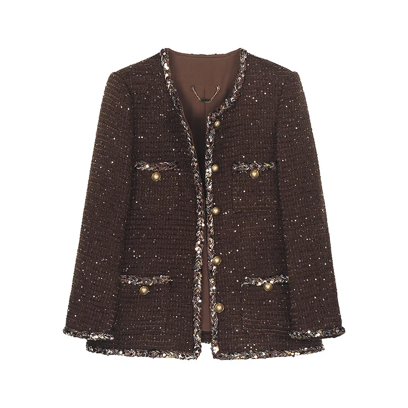 

French High-quality Elegant Coffee Fragrance Coat Women Autumn Winter Fashion Vintage Tweed Wool Blended Loose Long Jacket