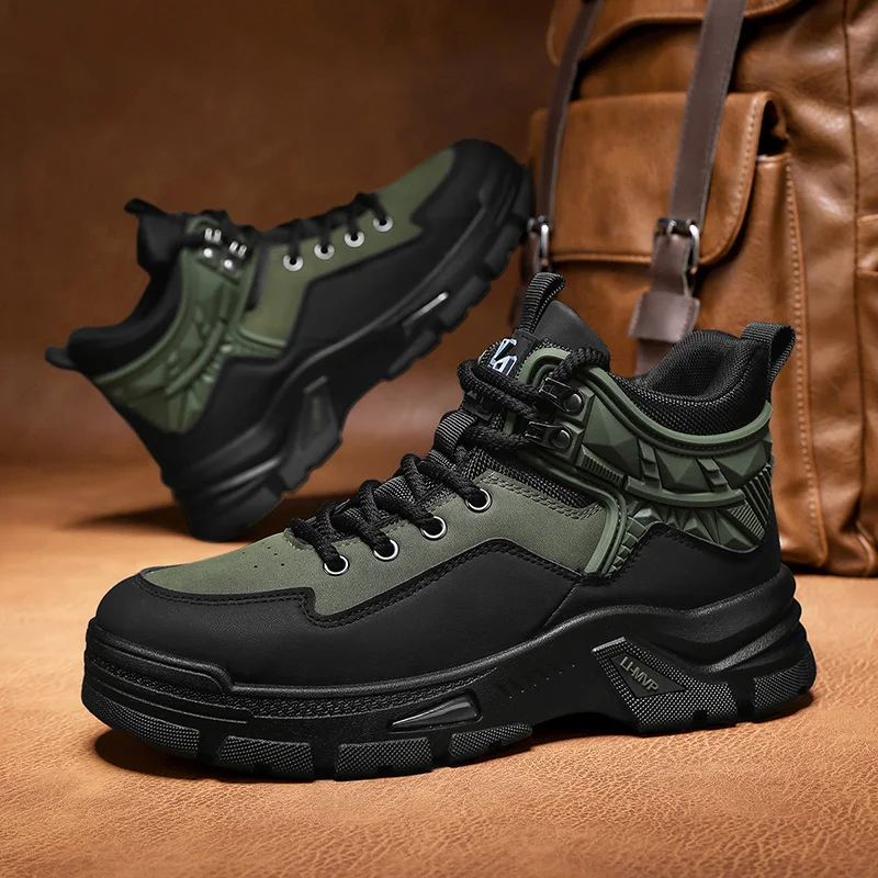 

Green Men's Motorcycle Boots Comfy Leather Ankle Boots For Men Outdoor High Top Working Shoes Man Platform Boots botas de hombre