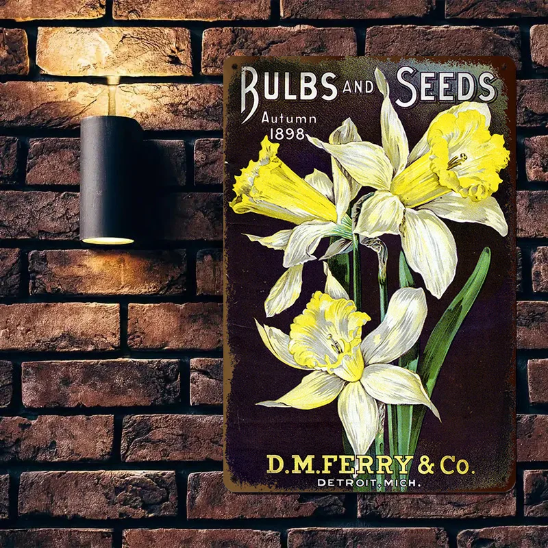 1‑piece Lightbulb & Seed Vintage Metal Tin Sign, Floral Garden Decor, Tulip Illustration, Ideal for Gardeners, Farmhouse or Outdoor Decoration, High‑Quality Metal, 8×12 Inches / 20×30 Centimeters