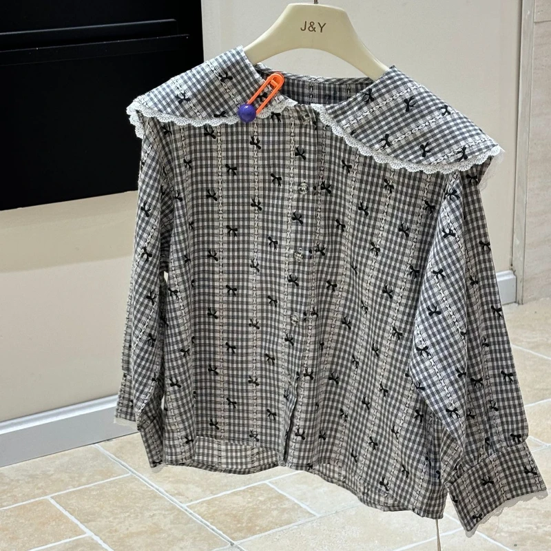 

2025 Autumn New Girl's Big Doll Collar Bow Design Checkered Retro Style Shirt Top