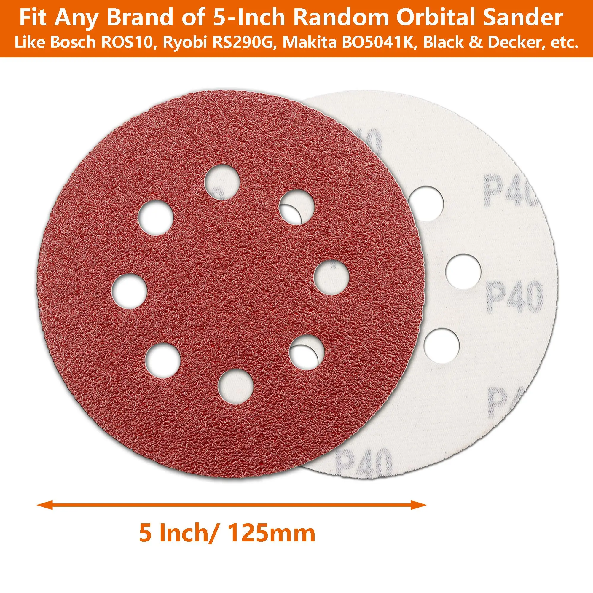 100 Packs 5 Inch 8 Hole Sanding Discs Hook and Loop Sandpaper Premium Aluminum Oxide Orbital Sander Pads for Random Orbital Sand