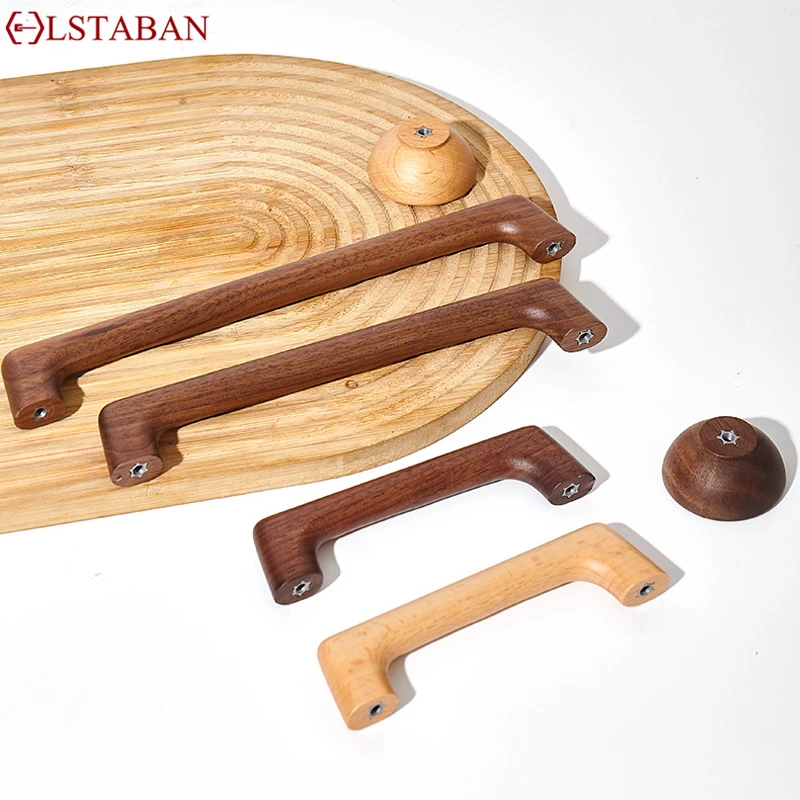 Natural Solid Wood Cabinet Handle Beech Walnut Wooden Cupboard Wardrobe Drawer Pull Flat Bridge Simple Kitchen Cabinet Door Knob