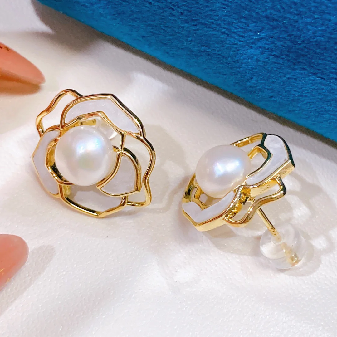 

14k gold freshwater 8-9mm pearl camellia earrings 925 silver ear needle openwork petal shape