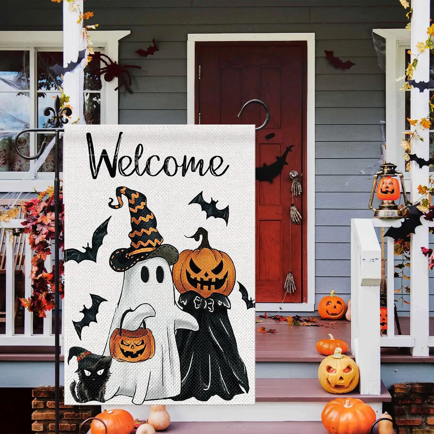 Halloween Garden Flag 12x18 Inch Double Sided Ghost Jack O Lantern Bat Holiday Outside Decorations Welcome Flag, Trick Or Treat