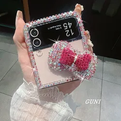 Z Flip6 Bling Diamond Rhinestone Pink Bow Case For Samsung Galaxy Z Flip 5 Z Flip4 Z Flip3 Glitter Clear Protective Hard Cover