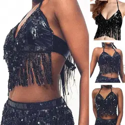 Ropa de baile para mujer, sujetador Halter con lentejuelas para discoteca, trajes de espectáculo superior, sujetador de danza del vientre