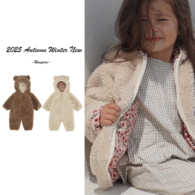 

2025 Winter New Baby Plush Jumpsuit with Thick and Cute Little Bear Ears Hooded Crawling Suit Winter Newborn Clothes Rompers